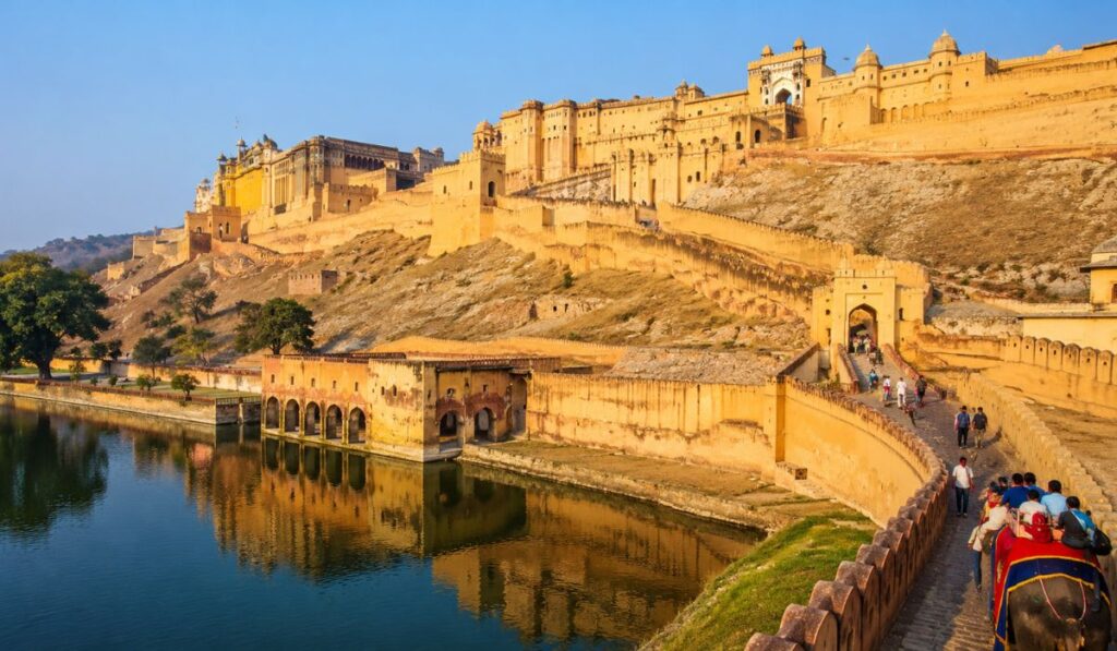 Amber Fort Jaipur overlooking Maota Lake during golden hour in Rajasthan India