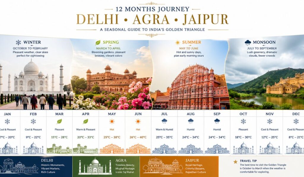 Seasonal travel guide showing the best time to visit the Golden Triangle Tour covering Delhi, Agra, and Jaipur throughout the year.