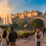 Golden Triangle Tour featuring India Gate in Delhi, the Taj Mahal in Agra, and Amber Fort in Jaipur with tourists exploring the iconic destinations.