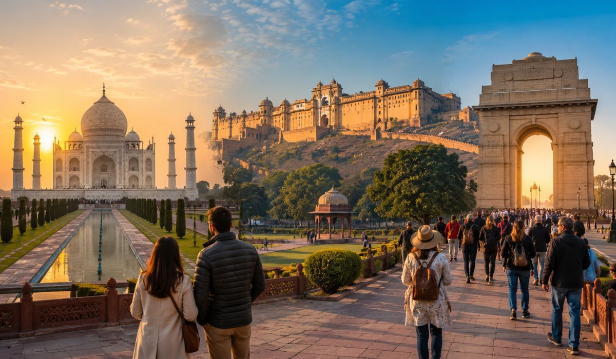 Golden Triangle Tour featuring India Gate in Delhi, the Taj Mahal in Agra, and Amber Fort in Jaipur with tourists exploring the iconic destinations.