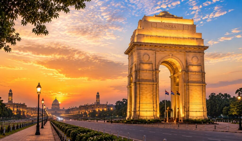 India Gate war memorial in New Delhi illuminated during sunset on Kartavya Path