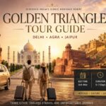 Golden Triangle Tour Guide travel magazine cover featuring India Gate, Qutub Minar, Taj Mahal, Agra Fort, Amber Fort, Hawa Mahal, luxury SUV, and international travelers exploring Delhi, Agra, and Jaipur.