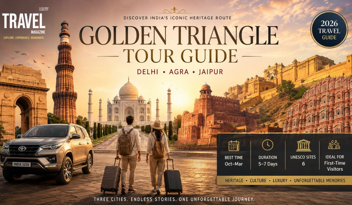 Golden Triangle Tour Guide travel magazine cover featuring India Gate, Qutub Minar, Taj Mahal, Agra Fort, Amber Fort, Hawa Mahal, luxury SUV, and international travelers exploring Delhi, Agra, and Jaipur.