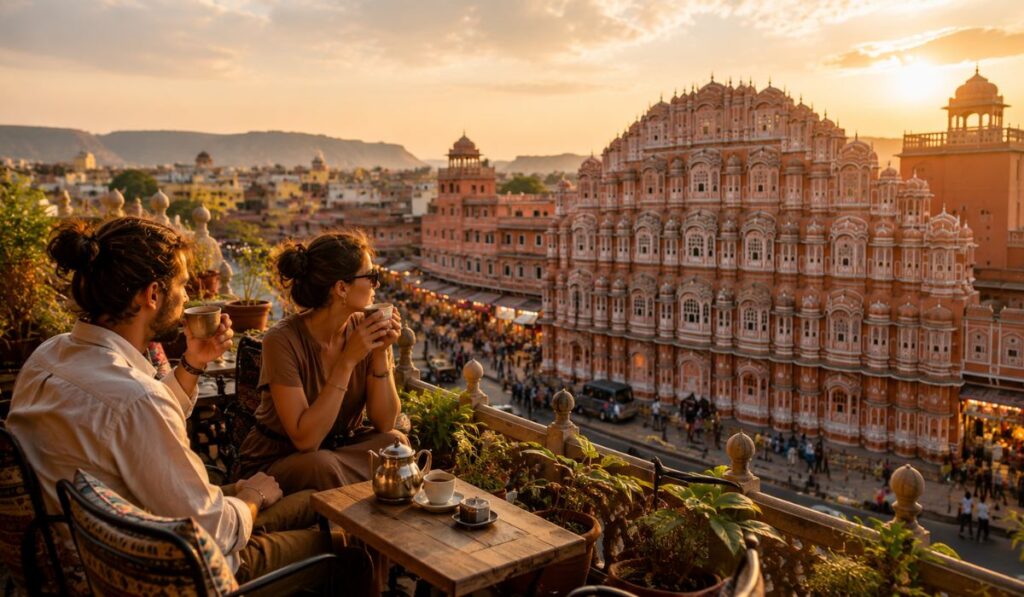 Travelers enjoying the sunset view of Hawa Mahal in Jaipur during the Golden Triangle Tour, one of India's most iconic heritage attractions.
