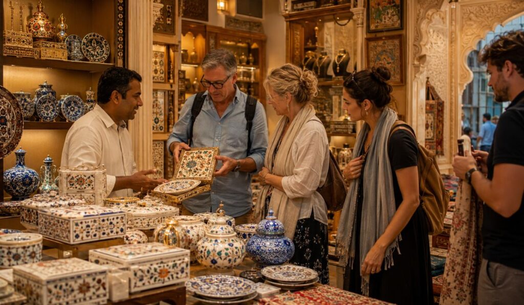 Tourists exploring Jaipur Blue Pottery and traditional handicrafts while shopping on the Golden Triangle Tour in Rajasthan, India.
