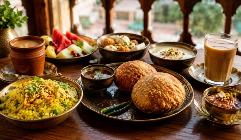 Traditional Rajasthani food served during the Golden Triangle Tour featuring authentic Indian cuisine in Jaipur, Rajasthan.